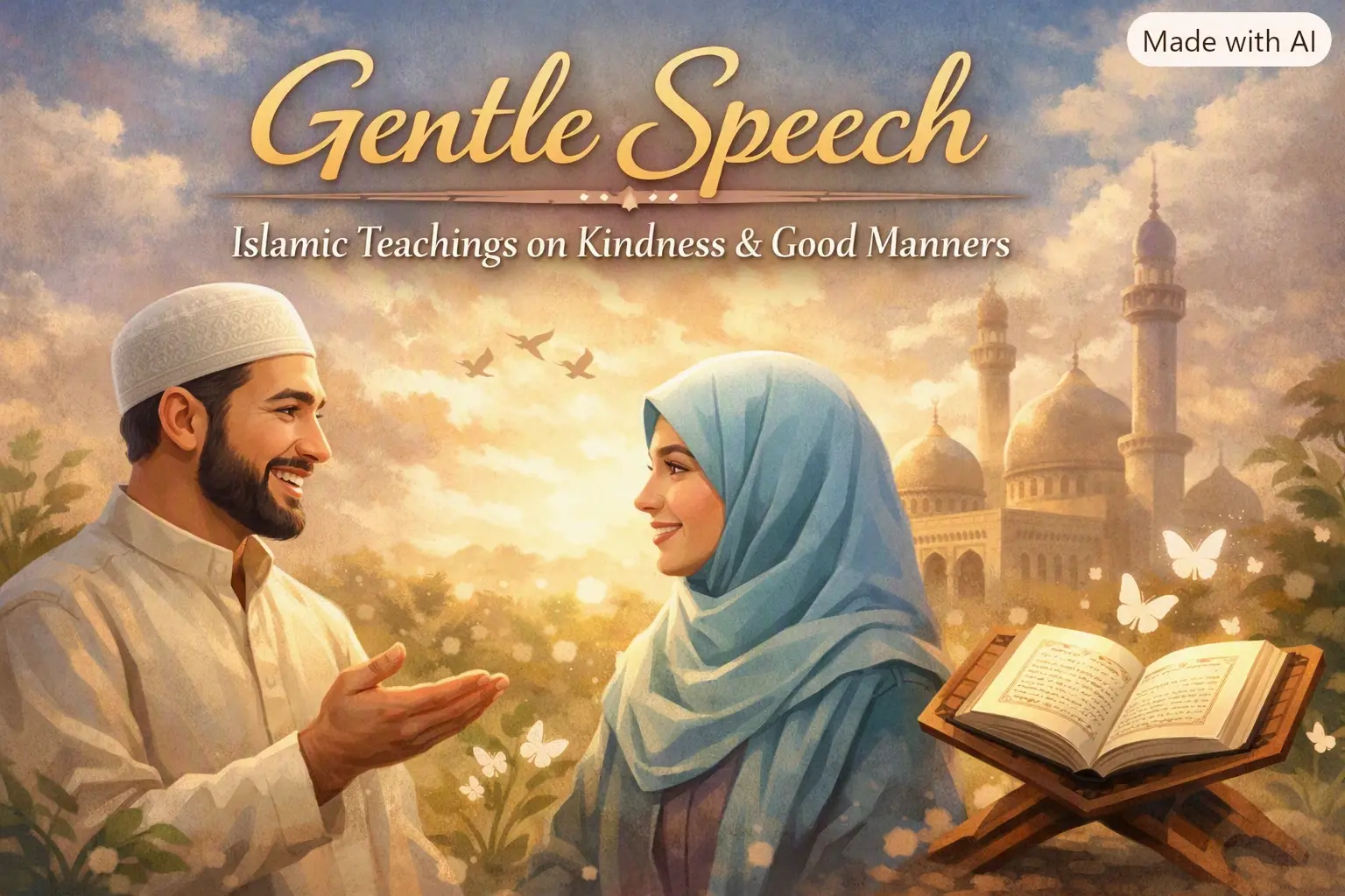 A Muslim man and woman smiling and conversing gently in front of a mosque, with warm sunlight, birds flying, and an open Quran on a wooden stand. The text “Gentle Speech – Islamic Teachings on Kindness & Good Manners” appears above them in elegant golden and white fonts.
