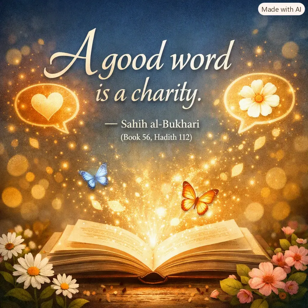 Digital artwork featuring the quote ‘A good word is a charity’ from Sahih al‑Bukhari, with glowing speech bubbles, butterflies, and an open book emitting light.