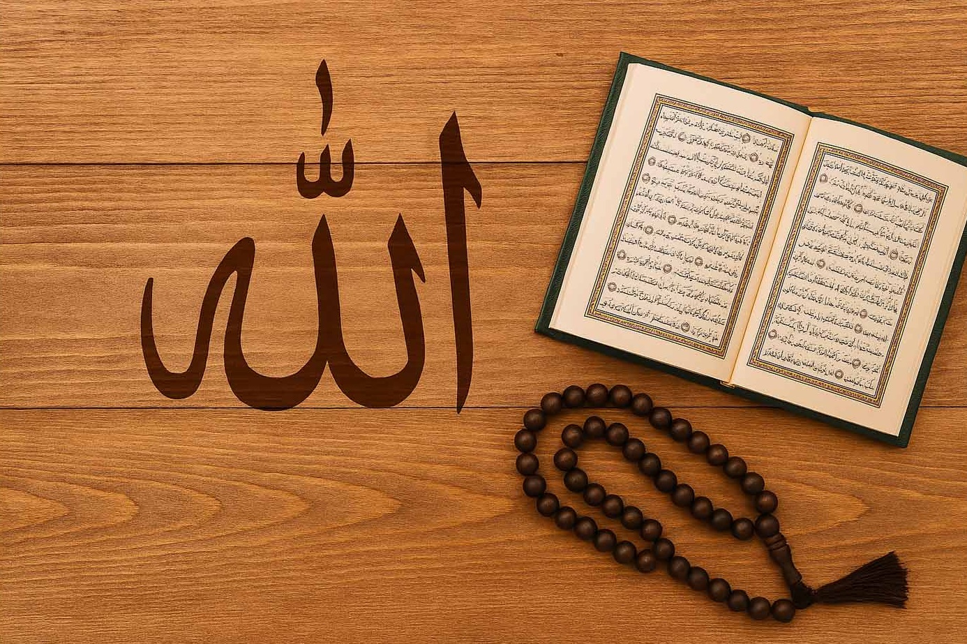 Islamic calligraphy with Quran and prayer beads on wooden background