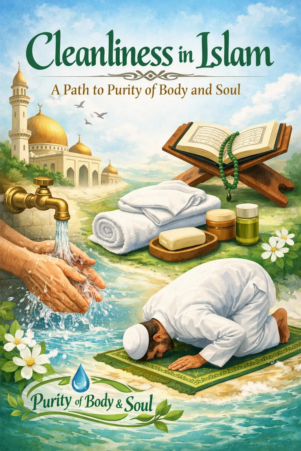 Illustration showing Islamic cleanliness- washing hands, praying, Quran, and mosque symbolizing purity of body and soul.