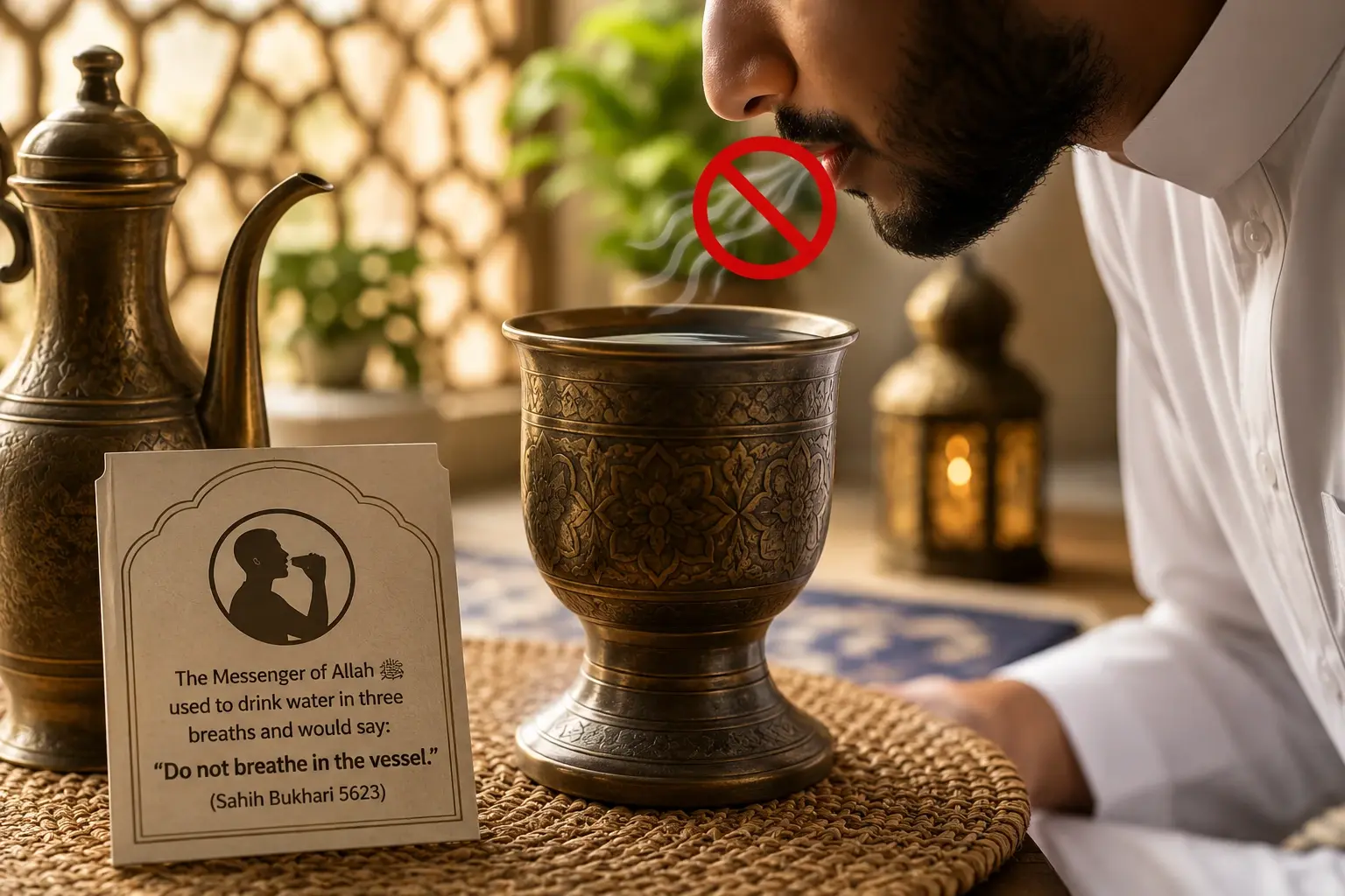 A man drinking water from an ornate cup in an Islamic setting, illustrating the Sunnah teaching not to breathe into the drinking vessel.