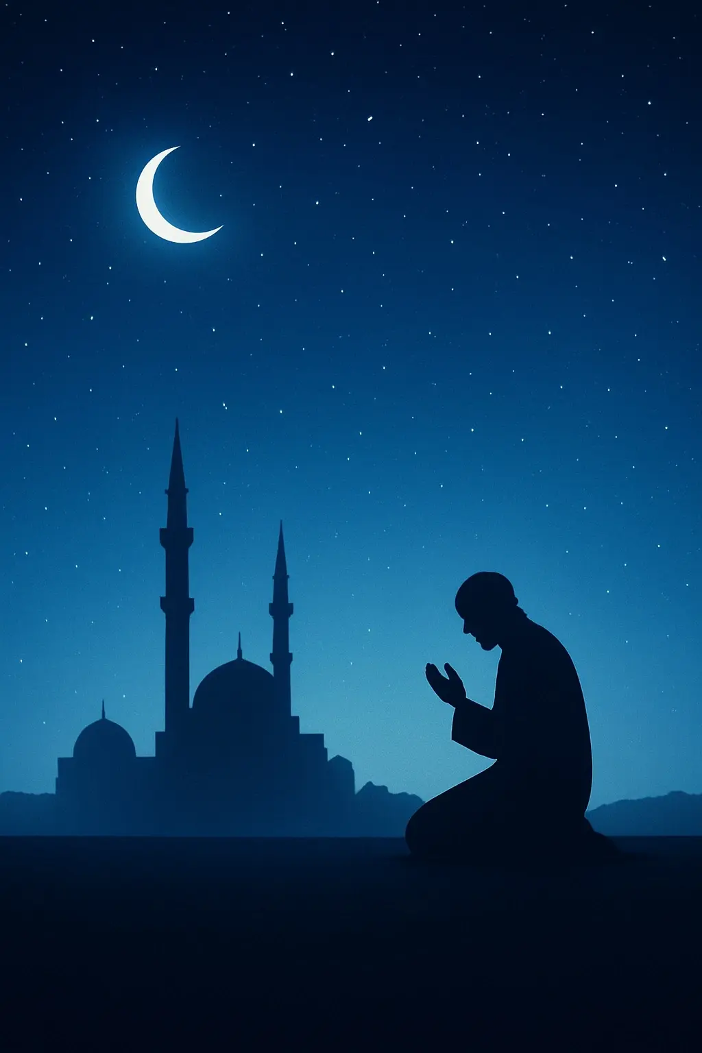Night prayer under the stars with mosque silhouette