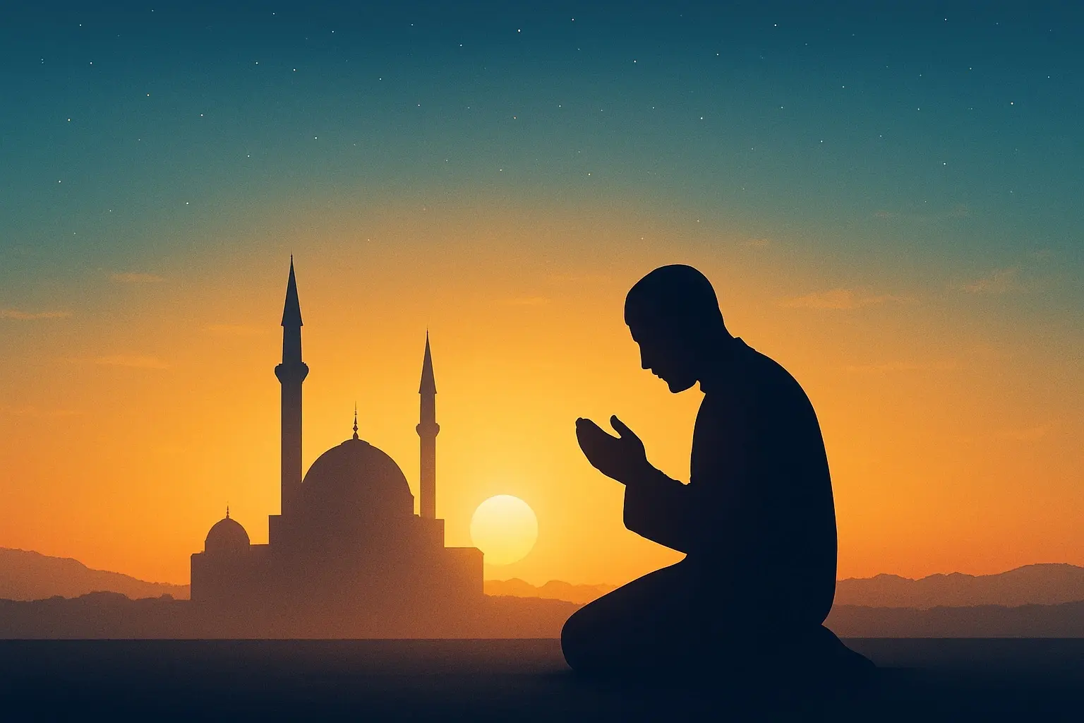 Muslim praying at dawn with golden sky and mosque silhouette
