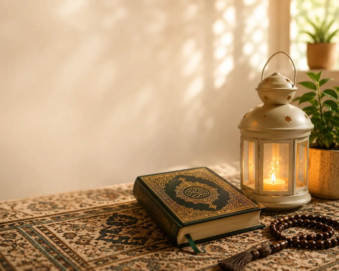 An open Quran beside a glowing lantern and prayer beads on a traditional prayer rug, representing regular acts of worship and devotion to Allah.