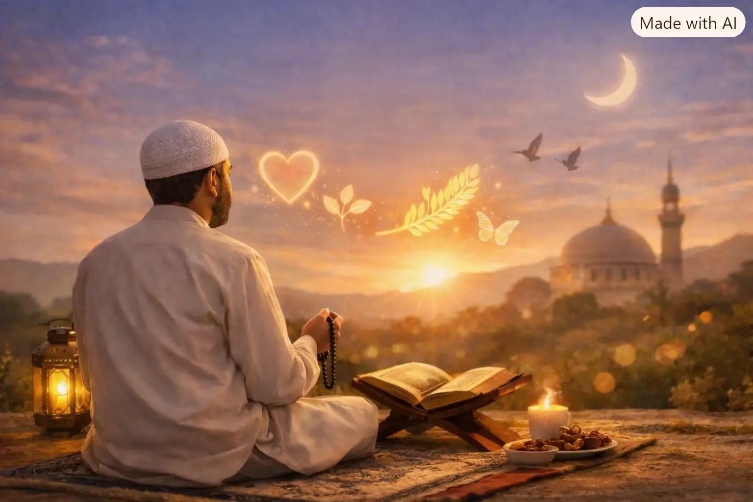 Muslim man sitting on a prayer mat at sunrise, holding tasbih beside an open Qur’an and glowing lantern, with mosque and birds in the background.
