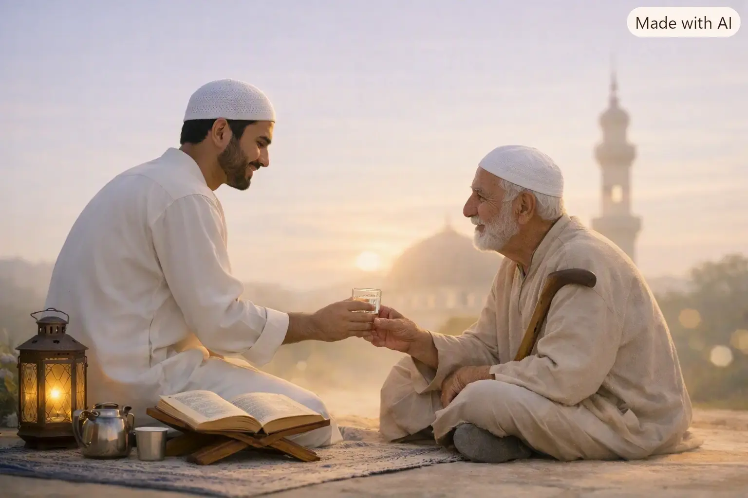 Muslim expressing gratitude at sunset, symbolizing thankfulness to people and Allah.